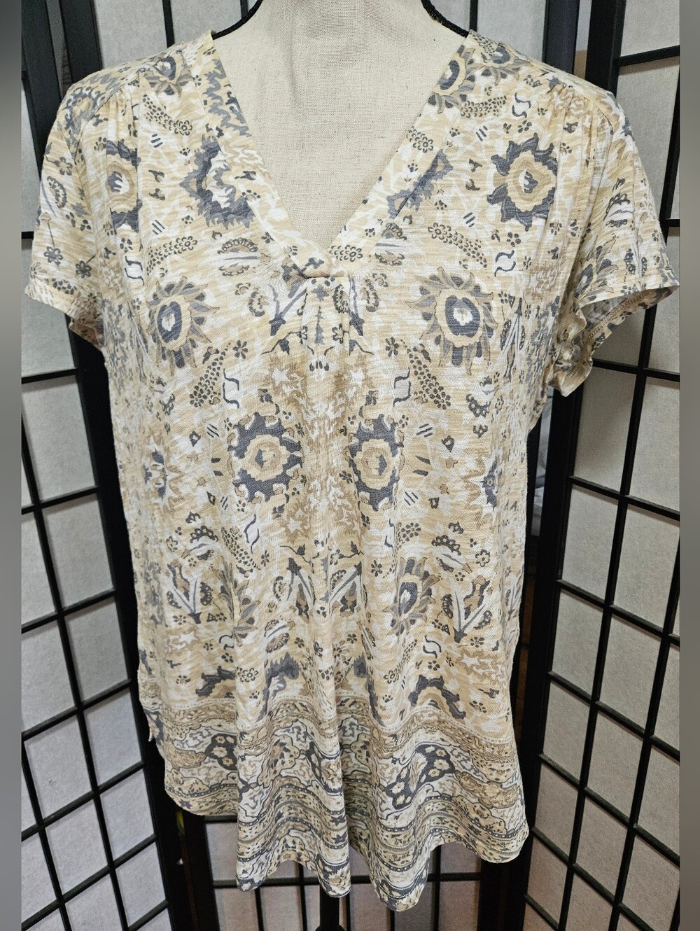Lucky Brand Large V-Neck Bohemian Floral Print Short Sleeve Peasant Blouse